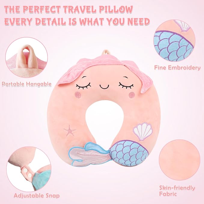 Travel Pillow, Travel Accessories for Car Airplane Traveling, Soft Memory Foam Kids Travel Pillow with Sleep Eye Mask Kids Neck Pillow for Boys & Girls - Cute Pink Mermaid - Image 5