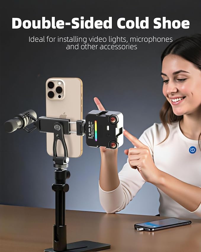 All Metal Phone Tripod Mount, 360° Rotation Tripod Phone Mount with 2 Cold Shoes, Adjustable Cell Phone Mount Adapter with 1/4" Thread, Compatible with iPhone Android Phones, Digital Camera - Image 4