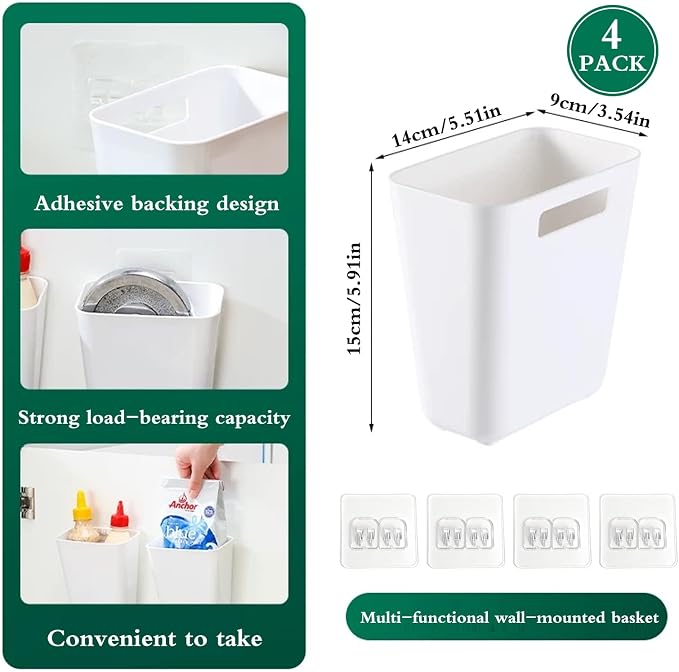 4 Pack Cabinet Door Organizer, Self Adhesive Wall Mount Storage Bins, No Drilling Food Grade ABS plastic for Kitchen, Bathroom, Refrigerator, Wardrobe, Under Sink, Desktop Sundries - Image 2