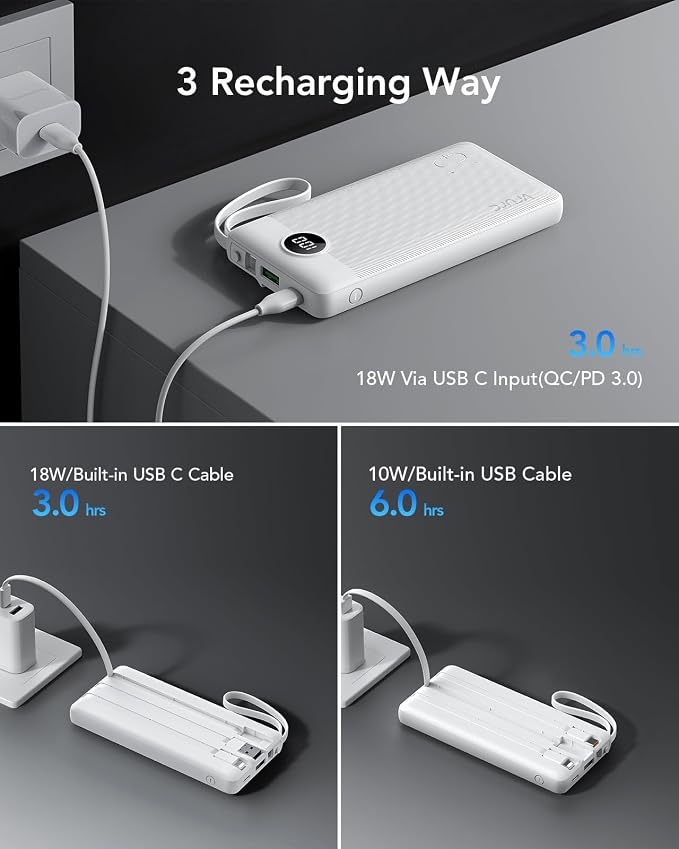 VRURC Power Bank for iPhone, 22.5W Portable Charger with Built-in Cables | 10000mAh USB C In & Out Cord Portable Phone Charger,Slim Lightweight Charging Bank Travel Essentail-White(1 Pack) - Image 6