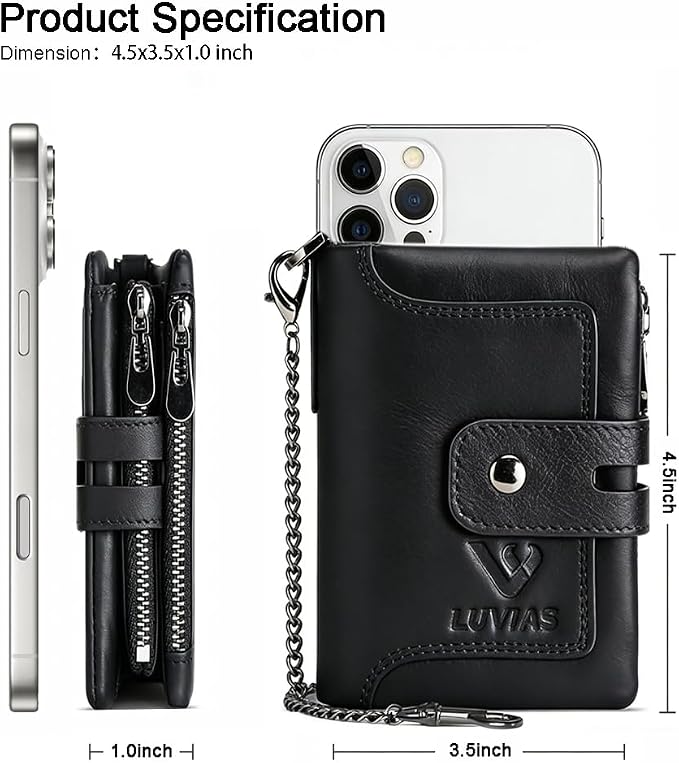 Mens Wallet with Chain Genuine Leather 1 ID Window Purse with RFID Blocking Bifold Double Zipper Coin Pocket - Image 2