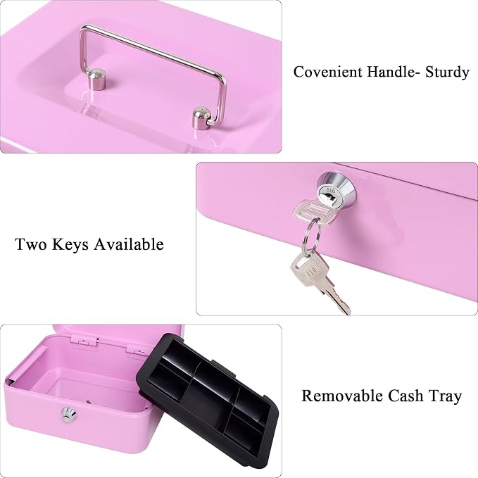 Jssmst Cash Box with Key Lock - Durable Metal Cash Box with Money Tray, Light Purple, Medium - Image 4