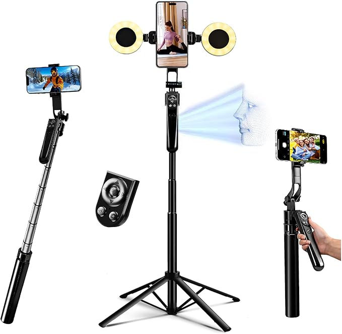 Auto Face Tracking Selfie Stick Tripod for iPhone with Light 360 Rotation that Follows Your Movement 70.9" Camera Tripod Stand with Remote for Content Creator Vlog Live Stream Video Recording by Home