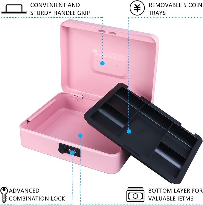 KYODOLED Metal Cash Box with Combination Lock Money Box for Cash Safe Metal Box with Money Tray for Security Lock Box 11.81"x 9.45"x 3.54" Pink X Large - Image 2