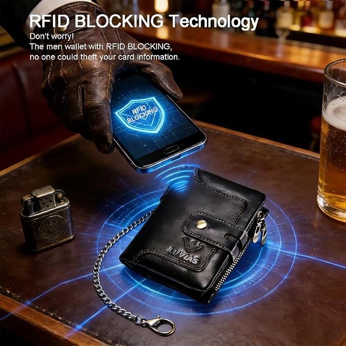 Mens Wallet with Chain Genuine Leather 1 ID Window Purse with RFID Blocking Bifold Double Zipper Coin Pocket - Image 4