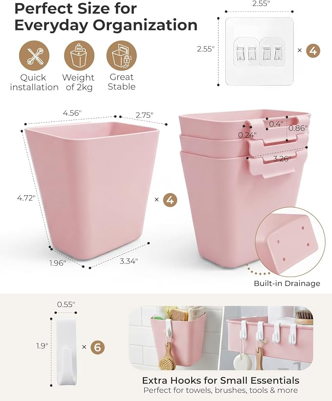 4 Pack Rolling Cart Accessories, Pink Craft Cart Cup Holder and 6 Hooks for Utility Carts, Adhesive Kitchen Cabinet Door Storage, Space-Saving Wall Mount Organizer for Bathroom, Office, Makeup - Image 2