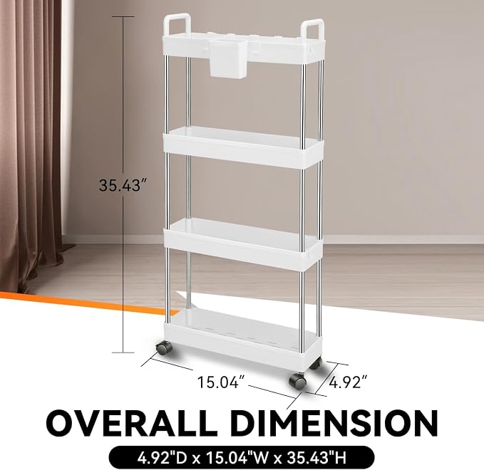 Auto Dynasty 4-Tier Rolling Utility Cart w/Handle, Narrow Storage, White | Sturdy Steel Frame, Smooth-Rolling Casters, Multifunctional Shelves, Space-Saving Slim Design, for Office/Kitchen/Bathroom - Image 8