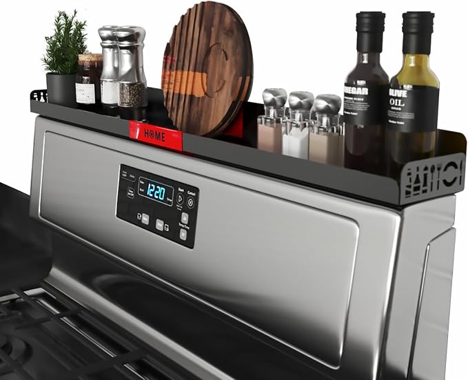 STUTOV 30" Magnetic Stove Top Shelf – Black Spice Rack with Red HOME Design – Seasoning Organizer for Back of Stove – Over Stove and Kitchen Storage Shelf by STUTOV