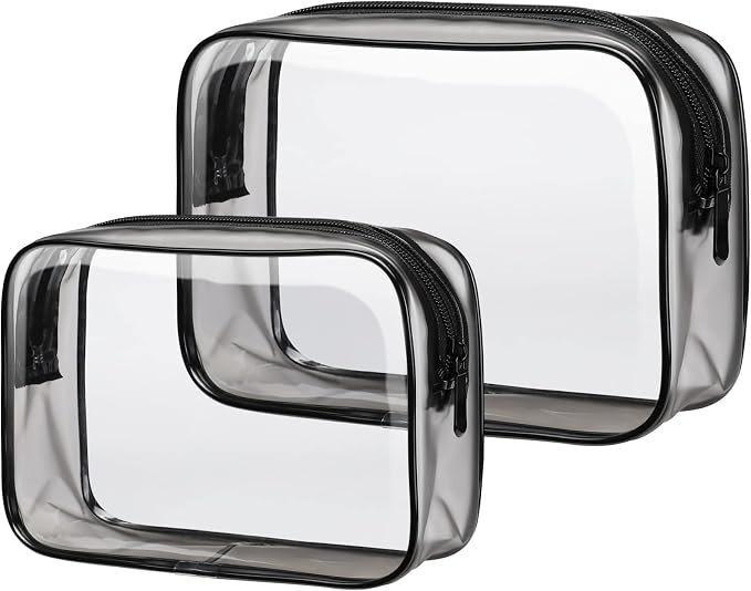 Clear Makeup Bag for Travel - TSA Approved Toiletry Bag, 2 Black | 1 Medium Quart Carry-On & 1 Large Checked-Luggage, Reinforced Seams, Water-resistant, Clear Easy-Check for Airport, Women by Packism