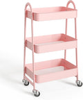 NEWBULIG 3-Tier Metal Rolling Cart with Lockable Wheels, Heavy Duty Mobile Utility Storage Shelf, Roller Book Snack Cart, Organization for Livingroom, Bathroom, Office, Pink | Mobile Organizer Shelf, Space-Saving, Freestanding, Bathroom, Living Room, S... by NEWBULIG