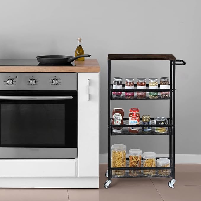 Slim Storage Cart, Metal Narrow Rolling Storage Cart for Kitchen, Black | Wooden Top, on Wheels, Wide Handle, Shelving Unit for Small Space, Easy to Install. - Image 3