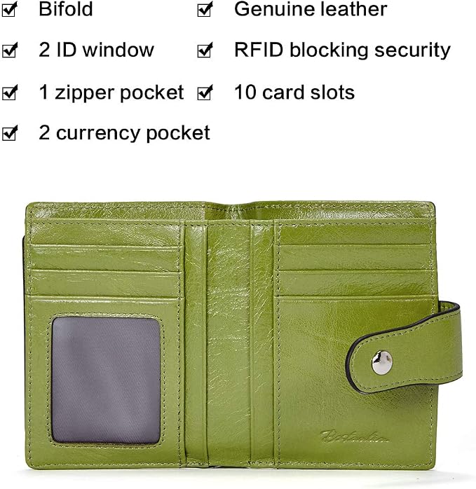 BOSTANTEN Leather Womens Wallet Small RFID Blocking Credit Card Holder | Removable ID Window, Zipper Coin Pocket, Bifold, Minimalist, Fits Small Purses, Daily Use, Ladies Gifts, Green - Image 5