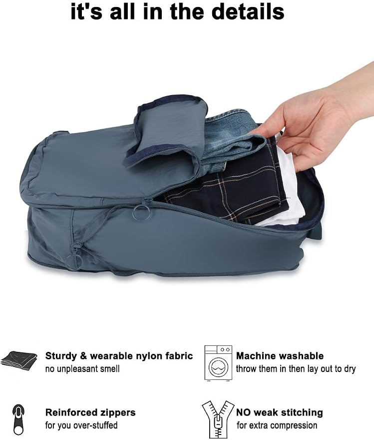 4 Set Compression Packing Cubes, Expandable Travel Organizer Bags, Water-Repellent Nylon, Space-Saving Luggage Set for Suitcase, Carry-on, Home Storage (4, Blue, Compression) - Image 2