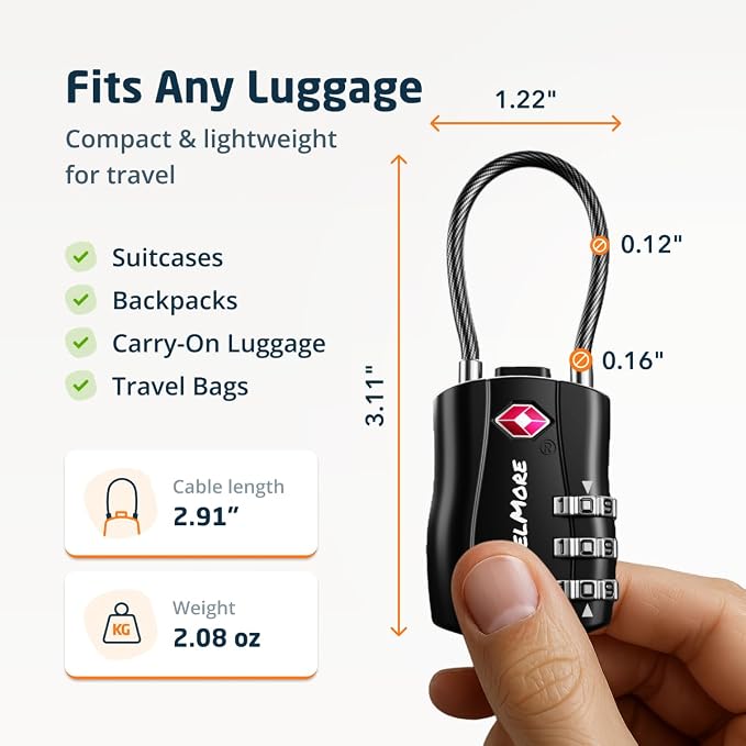TSA Approved Luggage Locks, Travel Combination Cable Locks | TSA Accepted, Easy to Use, Durable, Flexible Steel Cable, Zinc Alloy Body, for Suitcases, Backpacks, Zippers, 10-Pack, Black - Image 2