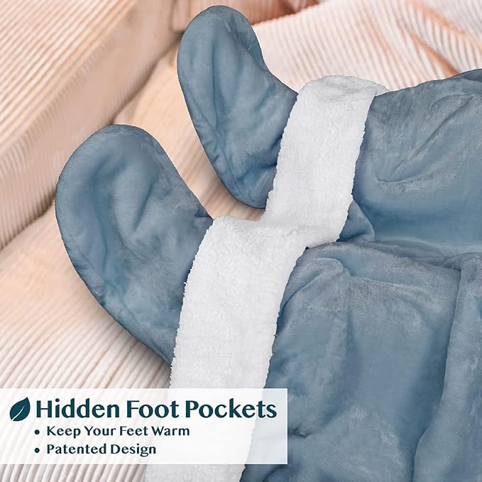 PAVILIA Sherpa Blanket with Sleeves, Foot Pocket for Women Men Adults, Thick Wearable Blanket Throw Wrap, Fleece Warm Snuggle Blanket Robe, Cozy Gift Ideas Wife Mom, Blue - Image 2