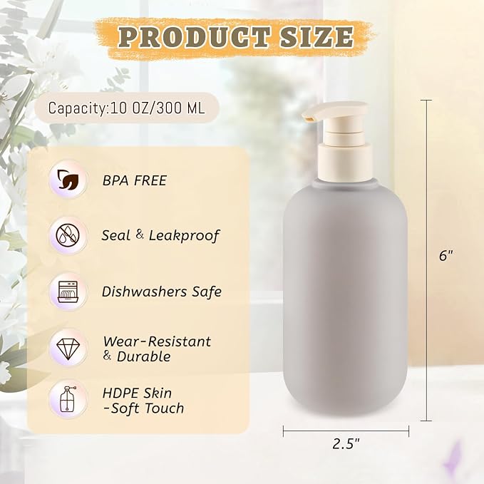 6 Pcs 10 oz Soft Plastic Bottles with Press Pump,Empty Refillable Travel Shampoo Dispenser Container for Hand Soap,Shampoo,Lotion,Body Wash,Conditioner,Silicone Funnel Included (Grey) - Image 4