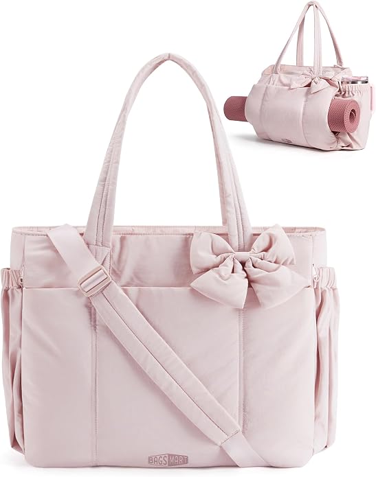 BAGSMART Crush Bow Tote Bag for Women, Puffer Travel Work Yoga Laptop Bag | Large Bow Tote Fits 40oz Tumbler, 15.6" Laptop, Yoga Mat Sleeve, Waterproof Pocket, Travel Work Swim Gym Mom Shoulder Handbag by BAGSMART