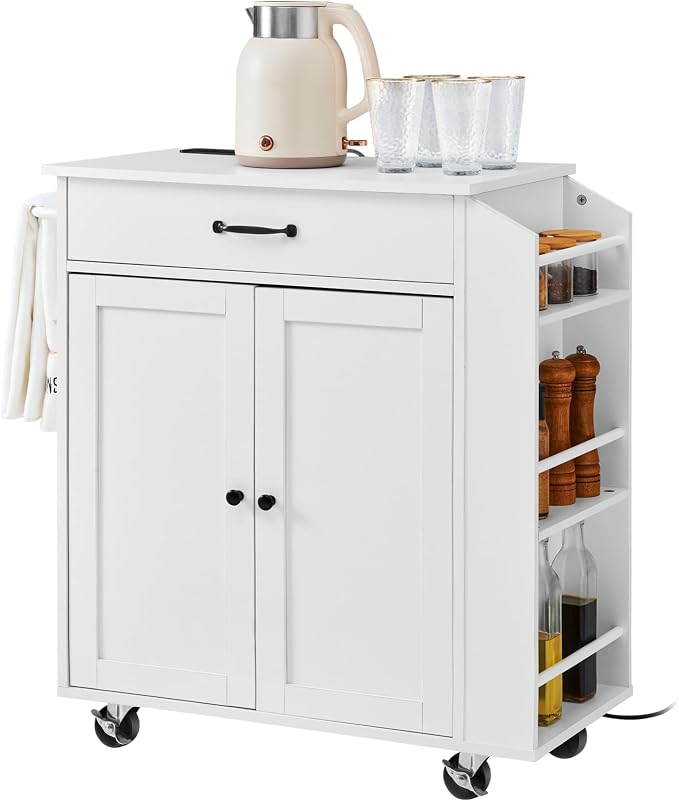 VEVOR Kitchen Island Cart, 32" Mobile Carts with Storage Cabinet, Rolling Table with Power Outlet, Spice Rack, Towel Bar, Adjustable Shelf, Drawer, Dining Living Room Portable Islands on Wheels, White by VEVOR