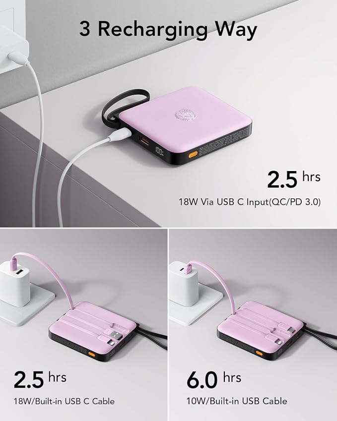 VRURC Portable Charger 10000mAh Battery Pack, Cell Phone Power Bank, Purple | Built-in Cables, 22.5W Fast Charging, Slim, Travel Essentials, Airline-Approved, for iPhone 17/16/15 Series, Samsung Android - Image 4
