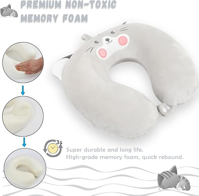 Travel Pillow, Kids Travel Pillow with Sleep Eye Mask Soft Memory Foam Kids Neck Pillow for Boys & Girls, Travel Accessories for Car Airplane Traveling - Grey Cat - Image 3