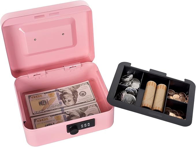 Goehiaul Cash Box with Combination Lock and Money Tray Metal Money Box for Cash Small Cash Box for Money Safe 7.87"x6.3"x3.54" Pink - Image 5