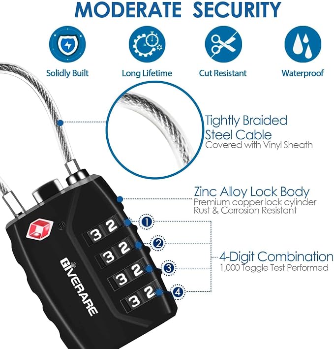 2 Pack TSA Approved Travel Luggage Locks, 4-Digit Metal Cable Combination Suitcase Lock, Alloy Padlocks, Weatherproof Padlock for Locker, Golf Bag, Gun Case, Backpack, Anti Theft-Black - Image 2