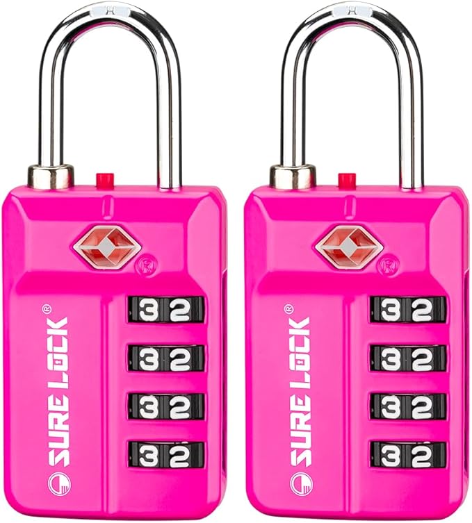 SURE LOCK TSA Approved 4-Digit Resettable Combination Luggage Locks with Open Alert, Easy-Read Dials - for Luggage, School Lockers, Gym, Office, Toolbox & Security Cases (Pink 2 Pack) by Hopeyoucanstaysafe