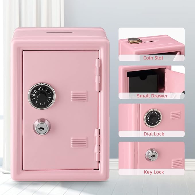 Younion Mini Money Safe and Cash Lock Box, 4.6"x 4.2"x 6.9" Pink - Image 3
