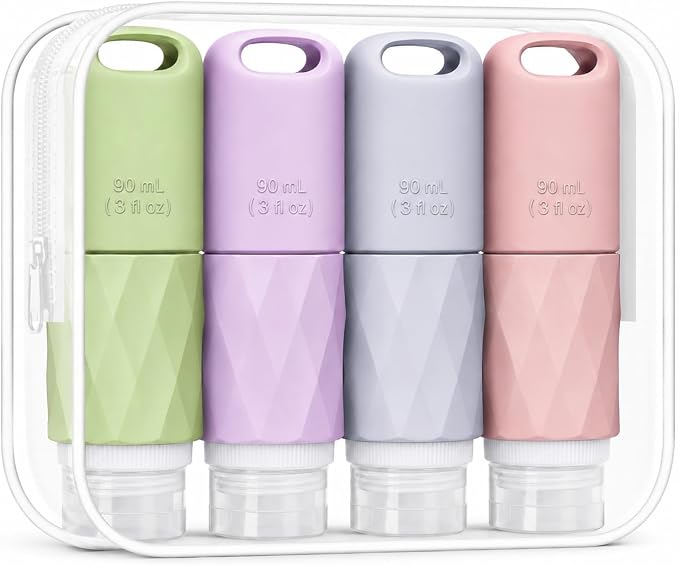 Travel Bottles for Toiletries, TSA Approved 3oz Leak Proof Silicone Travel Size Containers with Cross-Valve Cap, Refillable Bottles with Labels & Clear Bag for Shampoo, Body Wash(4 Pack-Pink) by JUSFANE