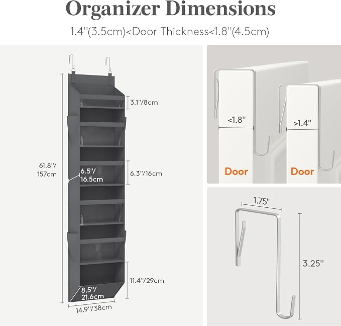Lifewit 1 Pack Over the Door Organizer, 6 Section Clear Window Hanging Storage with 4 Side Pockets, Sturdy Anti Tilt 40 lbs Load Behind Door for Closet, Bedroom, Bathroom, Nursery, Dorm, Dark Gray - Image 2