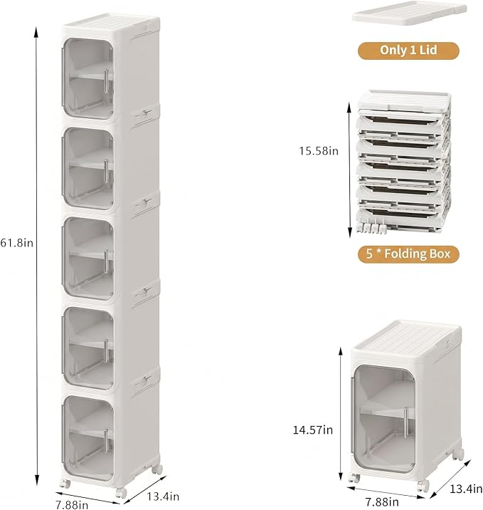 5-Tier Tall Slim Narrow Bathroom Storage Cabinet, White | Tool Free Assembly, Adjustable Shelves, Fits for Narrow Spaces, Reinforced Stability, Magnetic Clear Door - Image 2