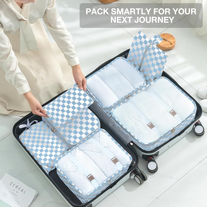 8 Set Packing Cubes for Suitcases, Packing Cube with Shoe, Cosmetics, Clothing, Accessories Bags Packing Cubes for Travel Luggage Organizer Women Men(Blue Checkered) - Image 7