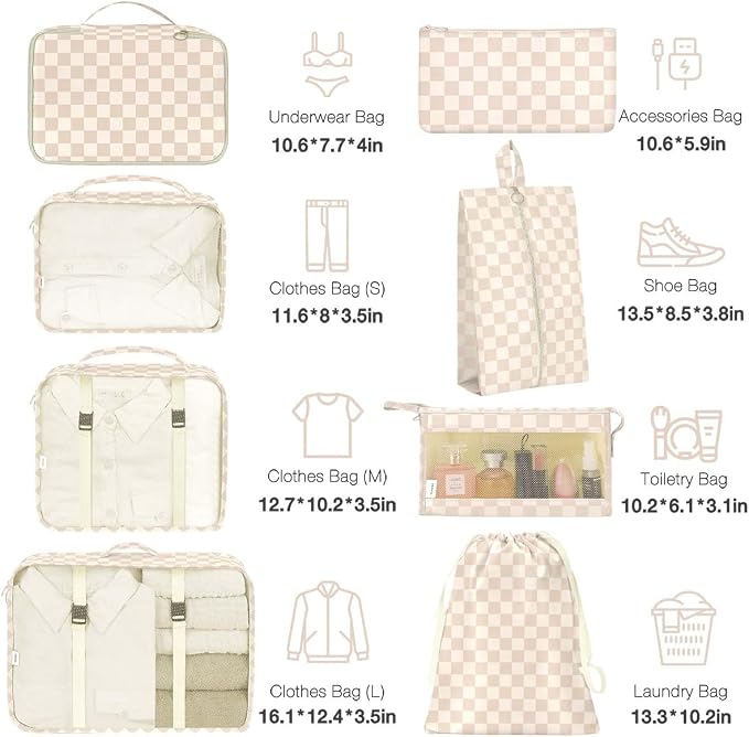 8 Set Packing Cubes for Suitcases,Packing Cube with Shoe, Cosmetics, Clothing, and Accessories Bags Packing Cubes for Travel Luggage Organizer Women Men(Khaki Grid-A) - Image 2