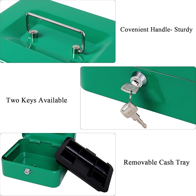 Jssmst Medium Cash Box with Key Lock - Durable Metal Cash Box with Money Tray, Green, Medium - Image 4