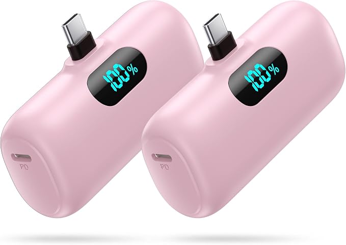 [2-Pack] Mini Portable Charger USB C Power Bank,Upgraded 5000mAh PD Fast Charging Battery Pack Built-in USB-C Connector Travel Essential for iPhone17/17Pro/17Pro Max/Air/16 Plus/16Pro Max/15 Series by HETP