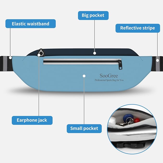 SooGree Running Waist Pack for Men Women, Lightweight Waterproof Sports Belt Bag, Phone Running Pouch, Night Reflective Fitness Storage Bag for Running Cycling Hiking Traveling (Lake Blue/Blue) - Image 5
