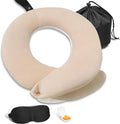 Travel Neck Pillows for Airplanes, Memory Foam 360° Head Support Sleep for Long Flight, Skin-Friendly & Breathable, Kit with Eye Mask, Earplugs and Storage Bag (Adult, Beige, 90+ lbs) by BUYUE