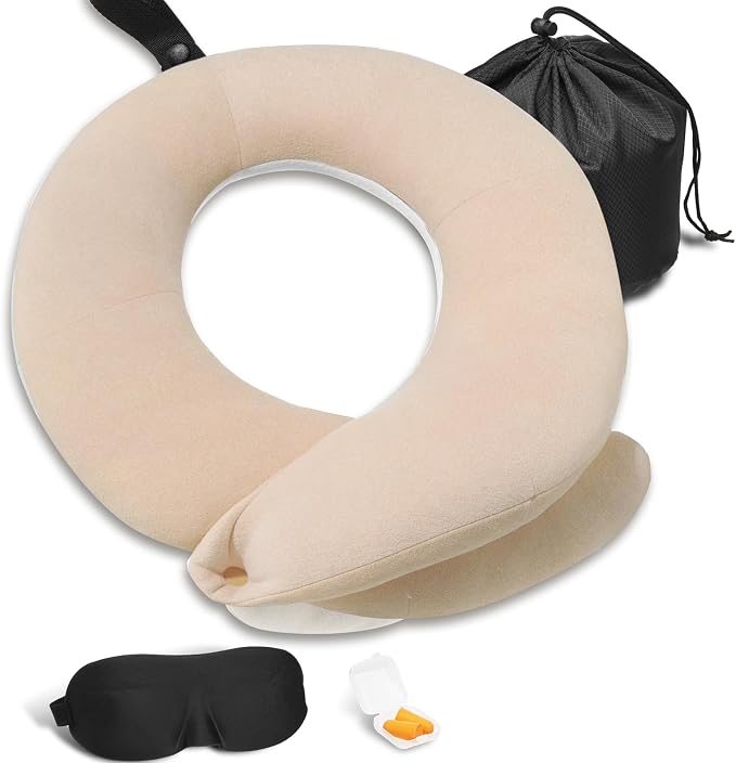 Travel Neck Pillows for Airplanes, Memory Foam 360° Head Support Sleep for Long Flight, Skin-Friendly & Breathable, Kit with Eye Mask, Earplugs and Storage Bag (Adult, Beige, 90+ lbs) by BUYUE