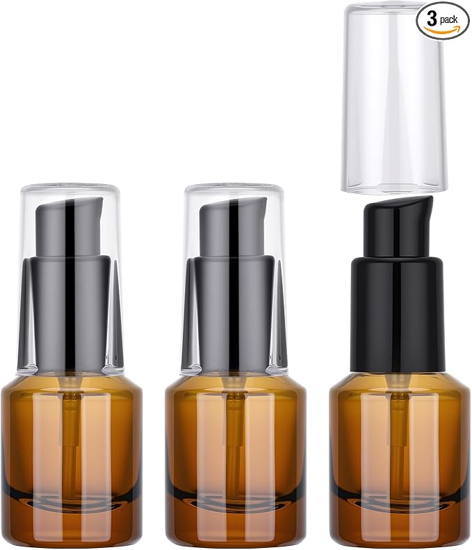 Segbeauty 0.5oz Glass Refillable Travel Bottles, 3pcs Lotion Pump Bottle Dispenser, 15ml Amber Mini Travel Containers for Creams, Lotion Dispenser with Pump, Small Sample Bottle Liquid Container by Segbeauty
