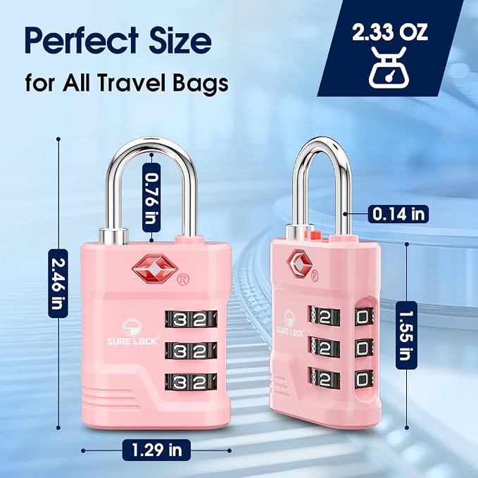 SURE LOCK TSA Approved Luggage Lock – 3-Digit Resettable Combination Padlock with Open Alert Red Dot, Large Easy-Read Dials for Suitcases, Backpacks, Gym & School Lockers(Pink 4 pk) - Image 7