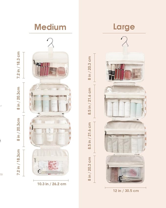 Narwey Travel Toiletry Bag for Women Large Hanging Makeup Bag Organizer Toiletries Bag for Full Size Essentials Accessories Cosmetics (Light Checkerboard (Large)) - Image 3
