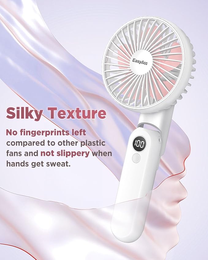 EasyAcc Portable Handheld Fan with 2600 Capacity Built-in Battery, 5 Speeds, Backup Power, Digital Display, Lanyard, Foldable Rechargeable Fan for Travel and Hot Flashes, Pink - Image 3