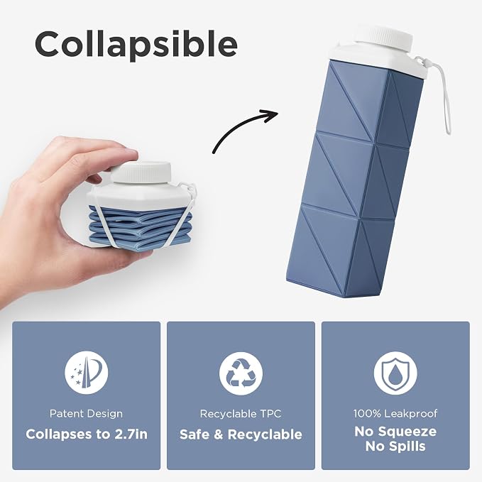 POMKAKA Collapsible Water Bottles 24.3oz(720ml), 2nd Generation Leakproof BPA-Free Travel Water Bottle,Lightweight Reusable Water bottle for Travel Cycling Gym Camping Sports,Blue - Image 3