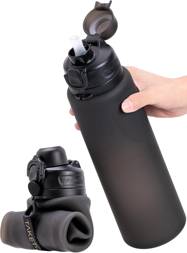 TakeToday Collapsible Water Bottles, Foldable for Travel, 32oz, Black | Compact Foldable Travel Bottle with Straw, TSA-Approved Leakproof Silicone, BPA-Free for Hiking & Outdoors by TAKETODAY