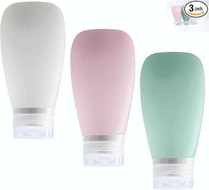 Travel Bottles for Toiletries, TSA Approved 3oz (90ml) Leak Proof Silicone Refillable Squeeze Travel Size Containers BPA Free Air Travel for Shampoo, Lotions, 3-pk (Pink-White-Teal) by Lyob