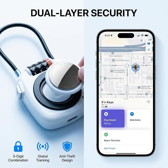 Combination Padlock with Tracker, SmallLock with Smart Tag Compatible with Apple Find My, for Airtag Holder with Cable Lock for Travel, Pet Tracking, Bags, Keys, Luggage, Grey - Image 2