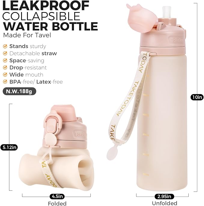 TakeToday Collapsible Water Bottles 21oz (600mL), Foldable Platinum Silicone Travel Water Bottle with Straw & Carry Strap, Leak-Resistant Screw Lid, Wide Mouth, BPA-Free for Hiking, Camping, Travel - Image 2