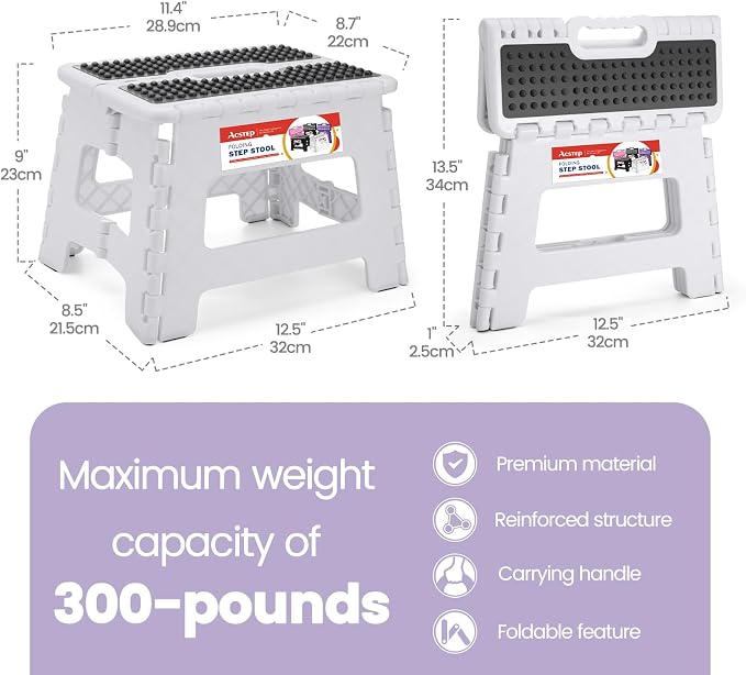 9" Folding Step Stool, Non-Slip Surface Stool for Kids, Dot White | Heavy Duty Foldable Stools, Lightweight, Holds 300 lb, for Toddler Kitchen Bathroom Bedroom Outdoor, Collapsible with Handle - Image 4