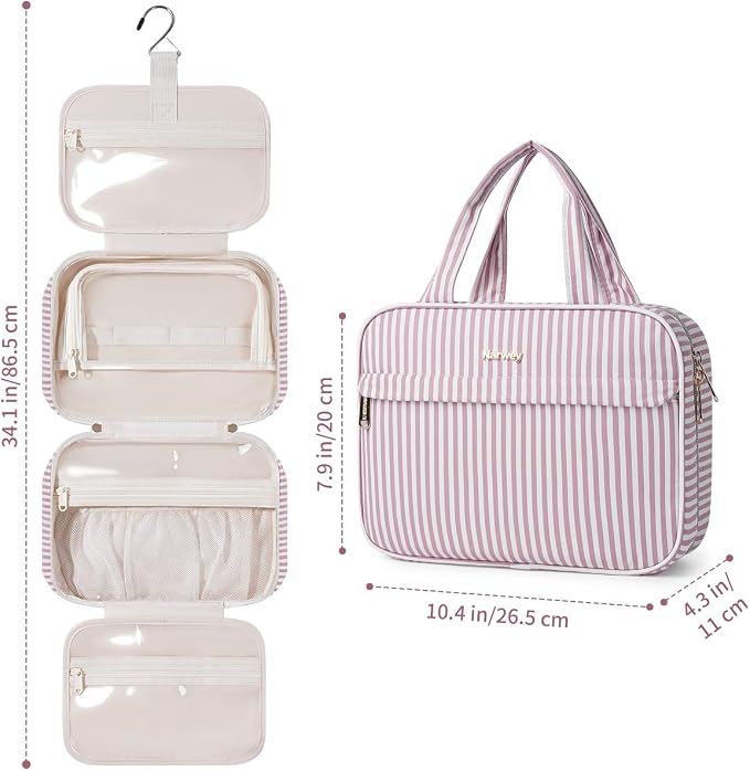 Narwey Striped Hanging Toiletry Bag for Women Travel Makeup Bag Cosmetic Make Up Organizer Toiletries Bag for Travel Essentials Accessories (Dusty Pink Stripe, Medium) - Image 5