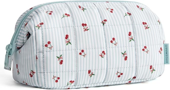 BAGSMART Makeup Bag Travel Toiletry Bag, Puffy Padded Make Up Bags for Women Makeup Organizer Case, Wide-open Pouch Purse Travel Essentials Toiletries Accessories Brushes, Ditsy Cherry by BAGSMART